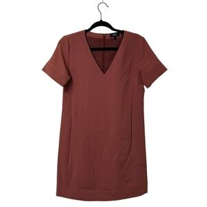 Theory V Neck Banded Shift Deep Rose Admiral Crepe Dress Front‎ Pockets Size 4